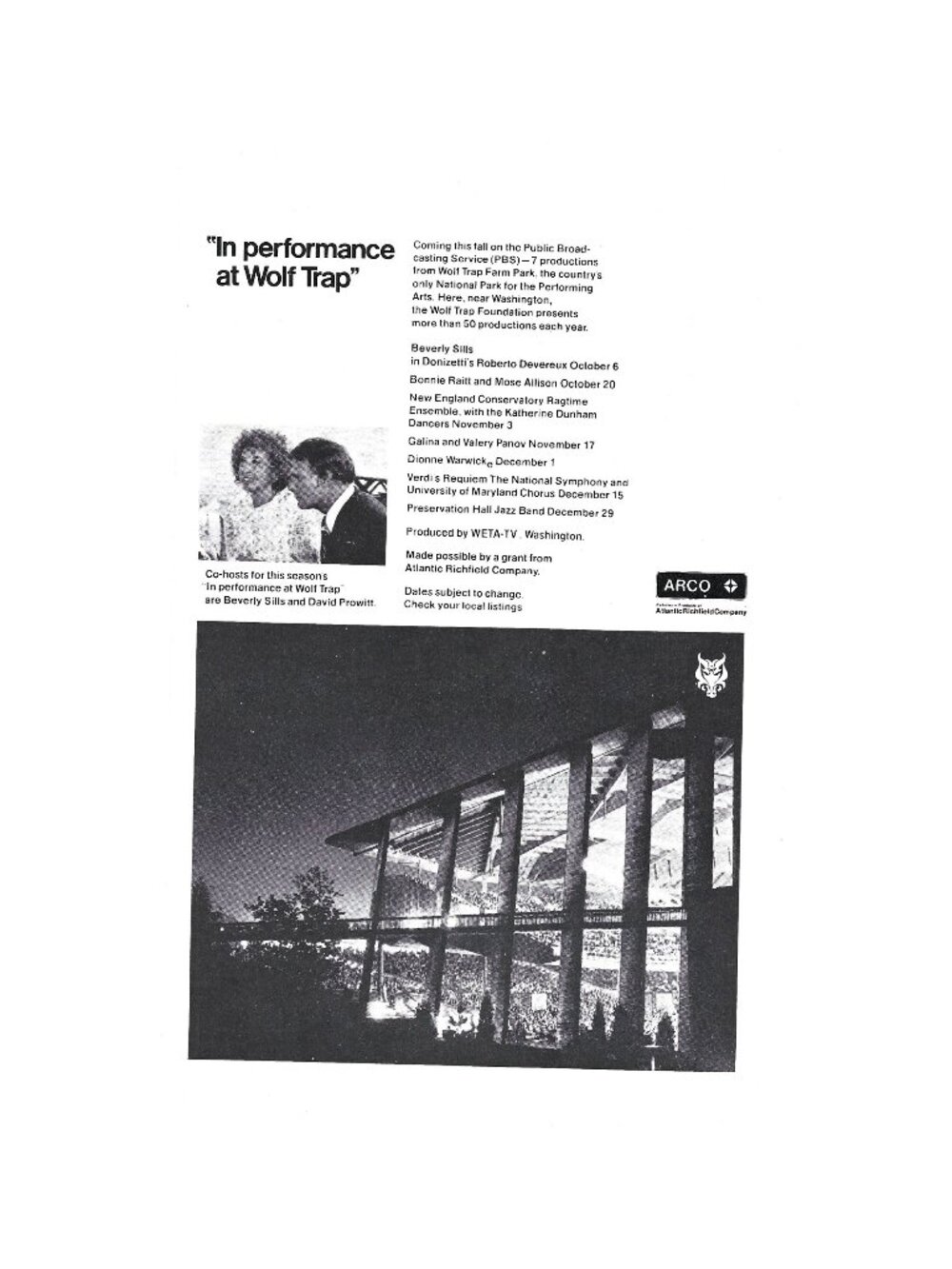 Print Ad Performance Wolf Trap 1970s PBS WETA TV Atlantic Richfield Theater AD